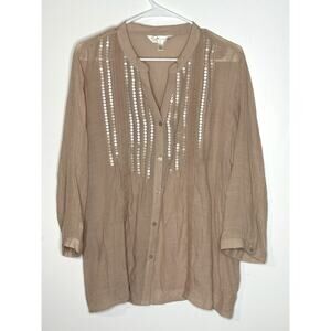 Krazy Kat Lightweight Sheer Khaki Blouse XL Button Up